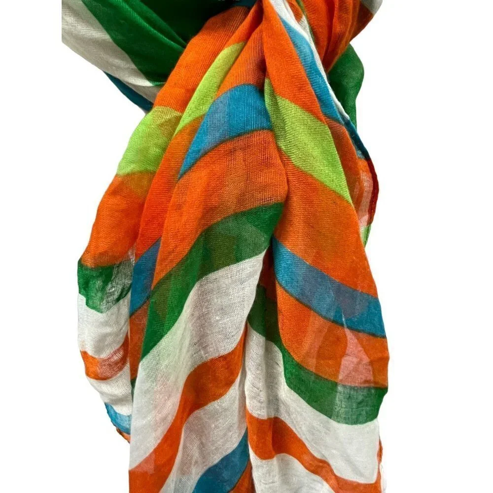 Charming Charlie Scarf Scarve Wrap Green Orange Blue Stripe‎